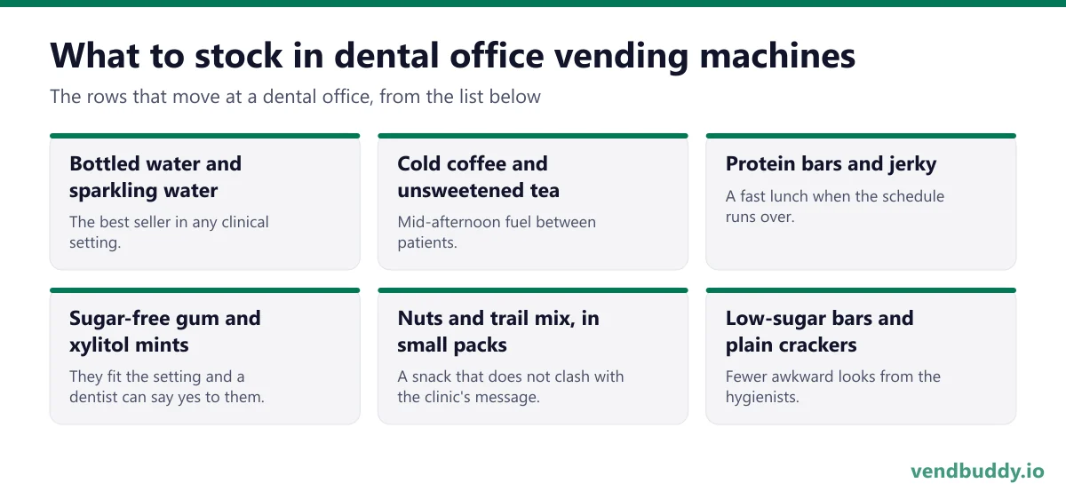What to stock in dental office vending machines: bottled water and sparkling water, cold coffee and unsweetened tea, protein bars and jerky, sugar-free gum and xylitol mints, nuts and trail mix, in small packs, low-sugar bars and plain crackers