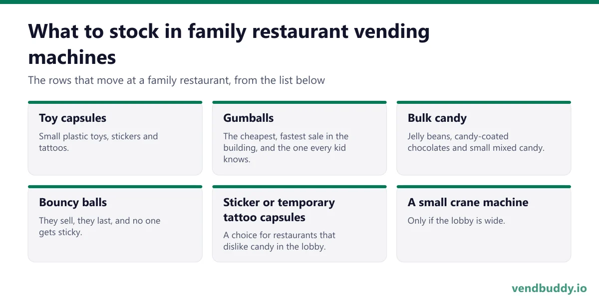 What to stock in family restaurant vending machines: toy capsules, gumballs, bulk candy, bouncy balls, sticker or temporary tattoo capsules, a small crane machine
