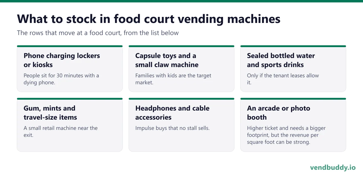 What to stock in food court vending machines: phone charging lockers or kiosks, capsule toys and a small claw machine, sealed bottled water and sports drinks, gum, mints and travel-size items, headphones and cable accessories, an arcade or photo booth