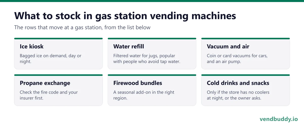 What to stock in gas station vending machines: ice kiosk, water refill, vacuum and air, propane exchange, firewood bundles, cold drinks and snacks