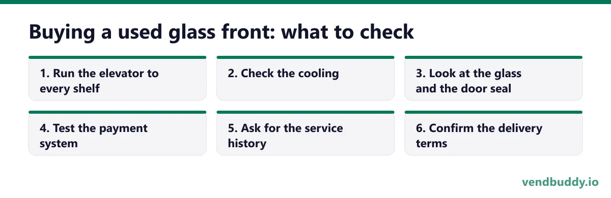 Buying a used glass front: what to check, 6 points in order: Run the elevator to every shelf; Check the cooling; Look at the glass and the door seal; Test the payment system; Ask for the service history; Confirm the delivery terms
