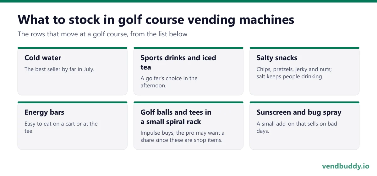 What to stock in golf course vending machines: cold water, sports drinks and iced tea, salty snacks, energy bars, golf balls and tees in a small spiral rack, sunscreen and bug spray