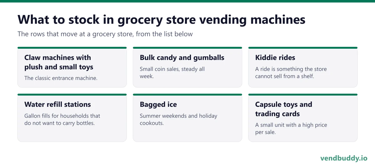 What to stock in grocery store vending machines: claw machines with plush and small toys, bulk candy and gumballs, kiddie rides, water refill stations, bagged ice, capsule toys and trading cards