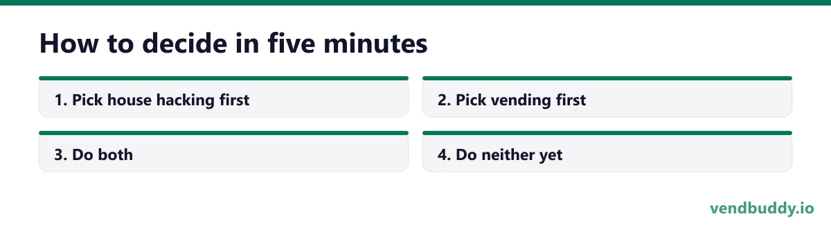 How to decide in five minutes, 4 points in order: Pick house hacking first; Pick vending first; Do both; Do neither yet