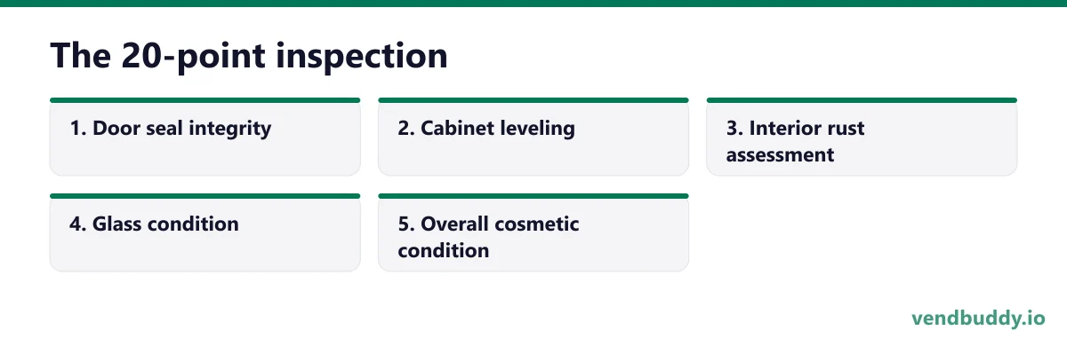 The 20-point inspection, 5 points in order: Door seal integrity; Cabinet leveling; Interior rust assessment; Glass condition; Overall cosmetic condition