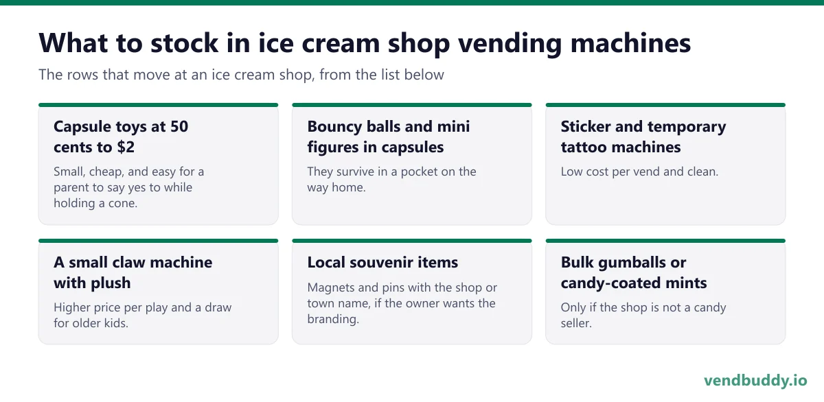 What to stock in ice cream shop vending machines: capsule toys at 50 cents to $2, bouncy balls and mini figures in capsules, sticker and temporary tattoo machines, a small claw machine with plush, local souvenir items, bulk gumballs or candy-coated mints
