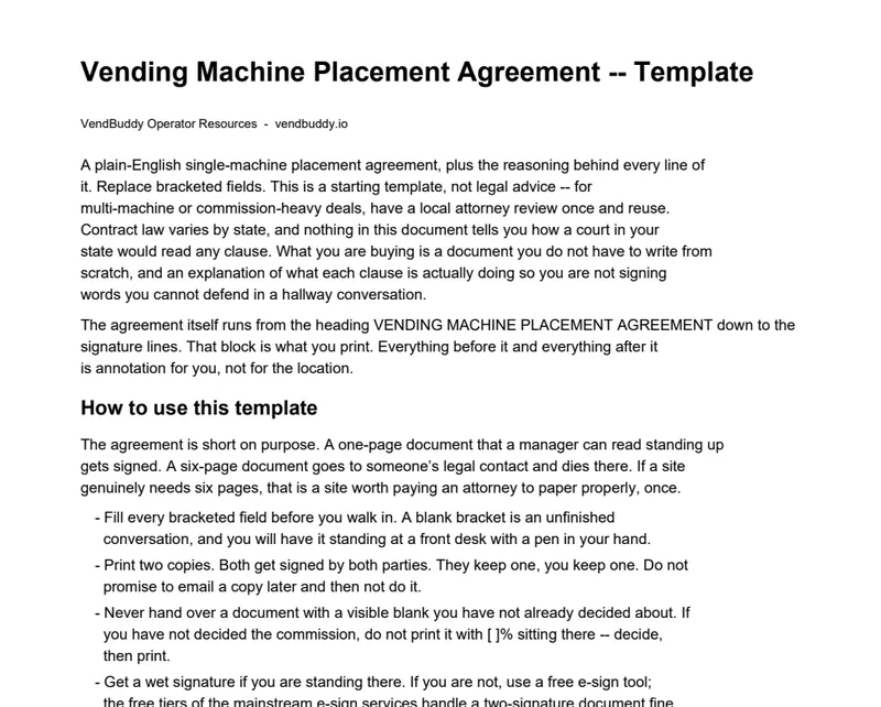 Page 1 of the VendBuddy Vending Machine Placement Agreement template: how to use the template, then the start of the agreement with bracketed fields to fill in