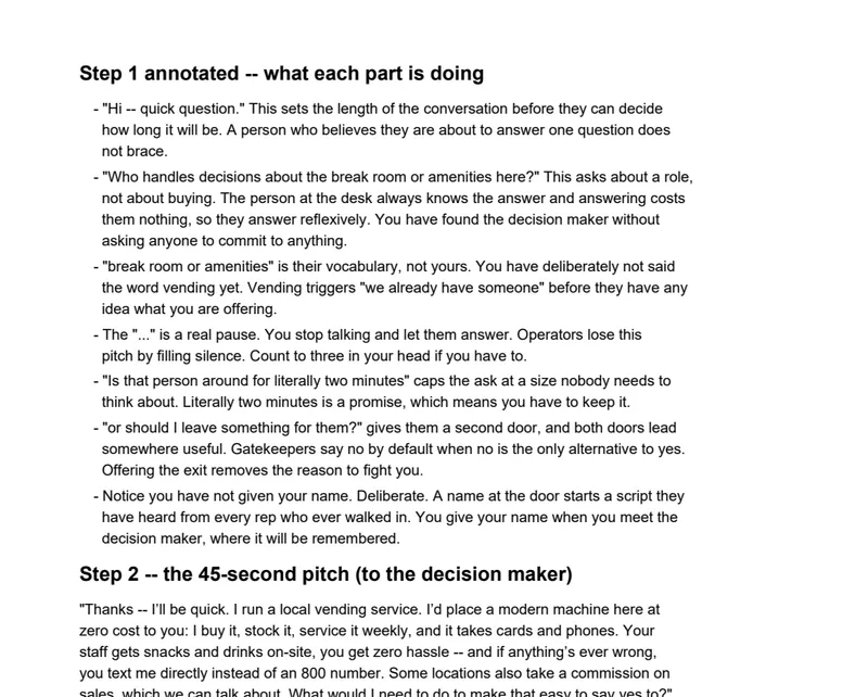 Page 2 of the VendBuddy Cold Walk-In Pitch Script: the opening line annotated part by part, then the 45-second pitch to the decision maker and what each line is doing