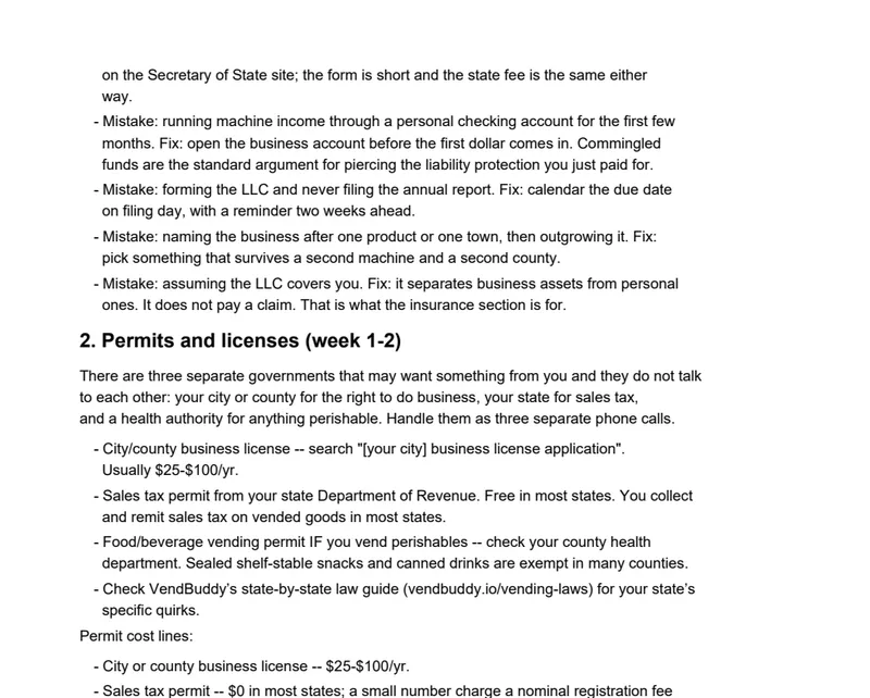 Page 3 of the VendBuddy Getting-Started Checklist: common LLC mistakes and fixes, then the permits and licenses section with city, state sales tax and health department cost lines