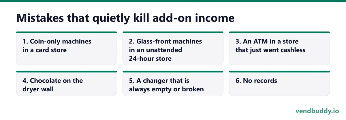 Mistakes that quietly kill add-on income, 6 points in order: Coin-only machines in a card store; Glass-front machines in an unattended 24-hour store; An ATM in a store that just went cashless; Chocolate on the dryer wall; A changer that is always empty or broken; No records
