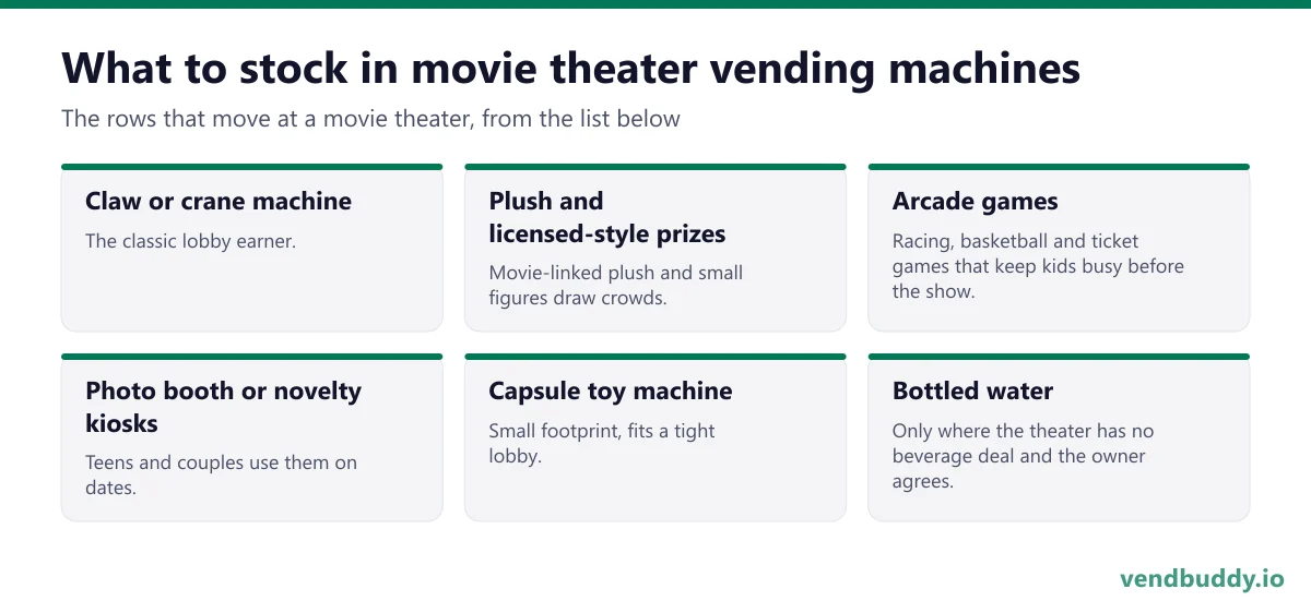 What to stock in movie theater vending machines: claw or crane machine, plush and licensed-style prizes, arcade games, photo booth or novelty kiosks, capsule toy machine, bottled water
