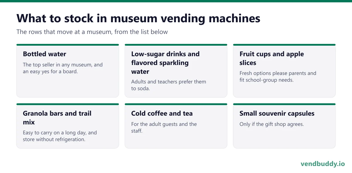 What to stock in museum vending machines: bottled water, low-sugar drinks and flavored sparkling water, fruit cups and apple slices, granola bars and trail mix, cold coffee and tea, small souvenir capsules