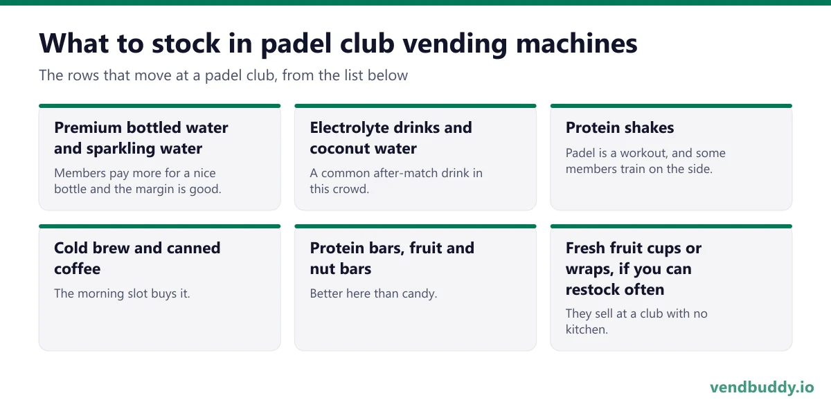 What to stock in padel club vending machines: premium bottled water and sparkling water, electrolyte drinks and coconut water, protein shakes, cold brew and canned coffee, protein bars, fruit and nut bars, fresh fruit cups or wraps, if you can restock often