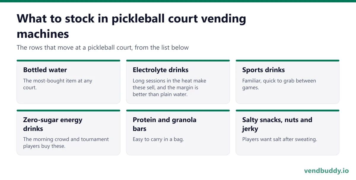 What to stock in pickleball court vending machines: bottled water, electrolyte drinks, sports drinks, zero-sugar energy drinks, protein and granola bars, salty snacks, nuts and jerky