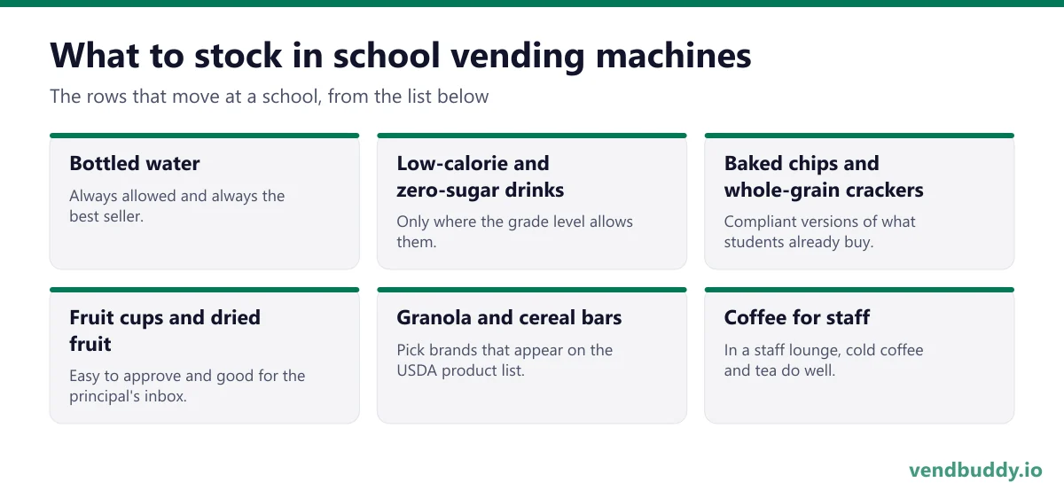 What to stock in school vending machines: bottled water, low-calorie and zero-sugar drinks, baked chips and whole-grain crackers, fruit cups and dried fruit, granola and cereal bars, coffee for staff