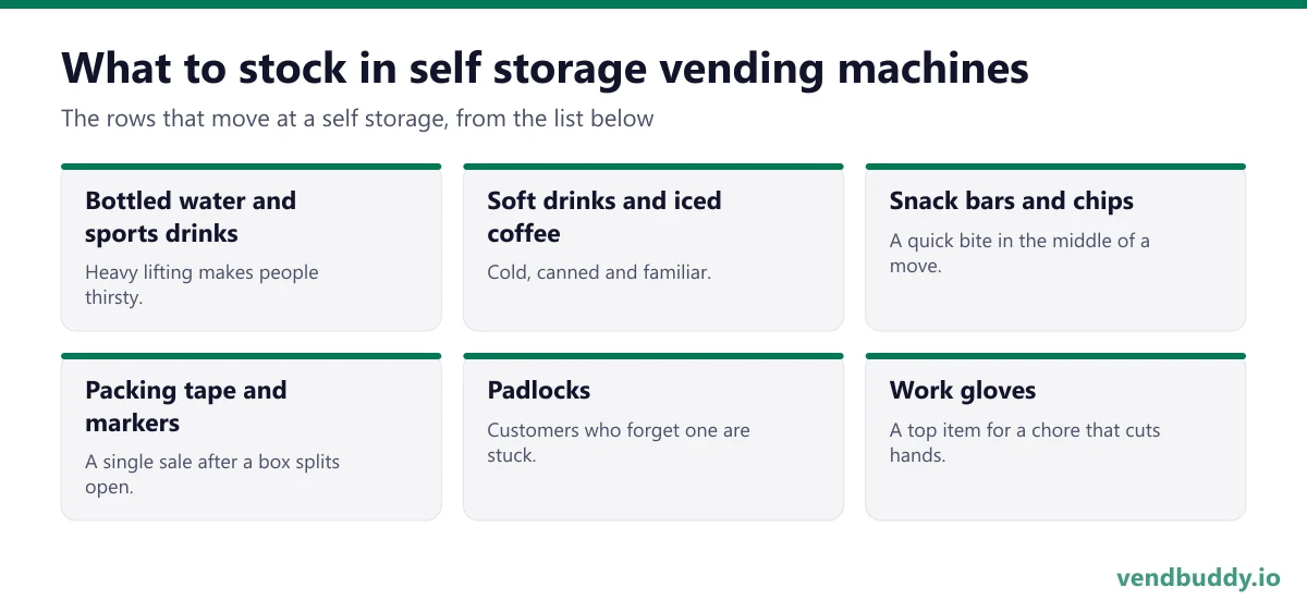 What to stock in self storage vending machines: bottled water and sports drinks, soft drinks and iced coffee, snack bars and chips, packing tape and markers, padlocks, work gloves