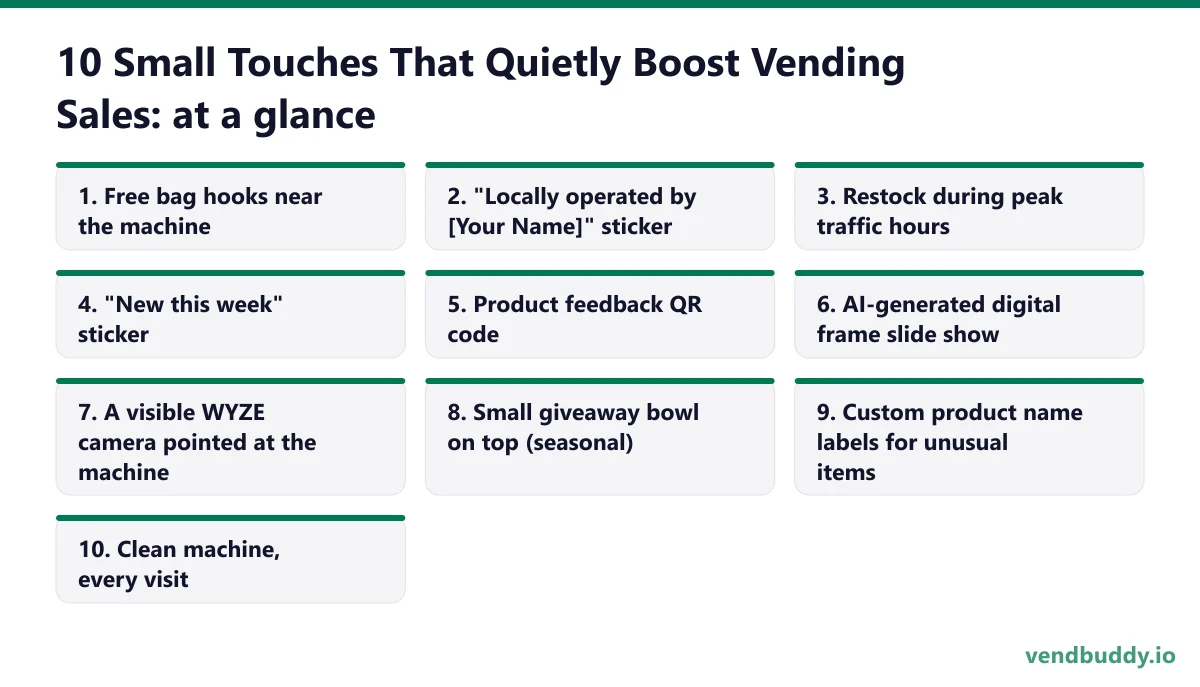 10 Small Touches That Quietly Boost Vending Sales (Most Operators Skip All of Them), the 10 picks at a glance: Free bag hooks near the machine; "Locally operated by [Your Name]" sticker; Restock during peak traffic hours; "New this week" sticker; Product feedback QR code; AI-generated digital…
