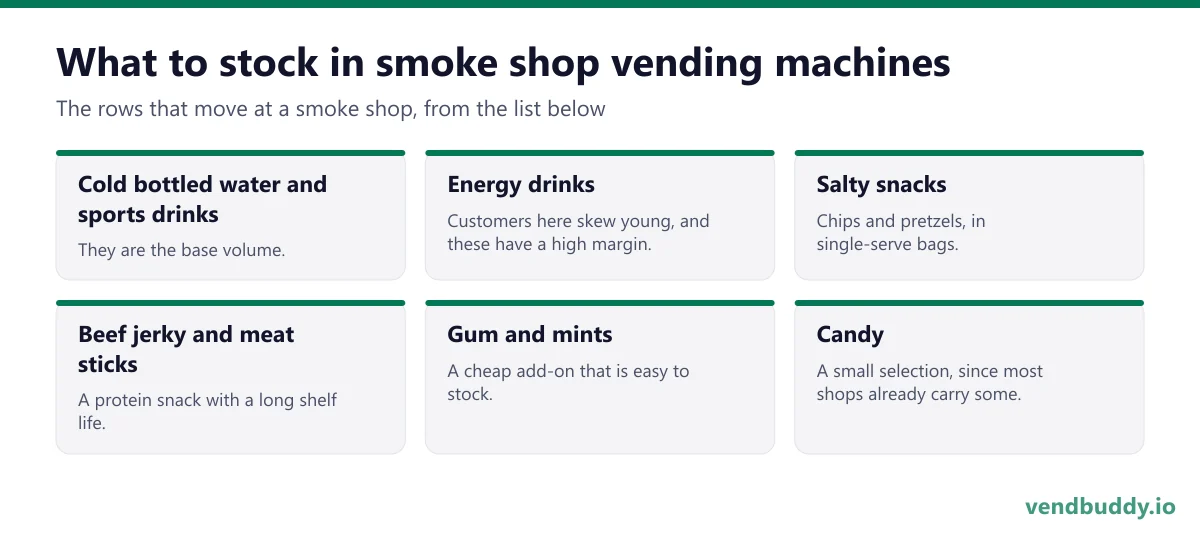 What to stock in smoke shop vending machines: cold bottled water and sports drinks, energy drinks, salty snacks, beef jerky and meat sticks, gum and mints, candy