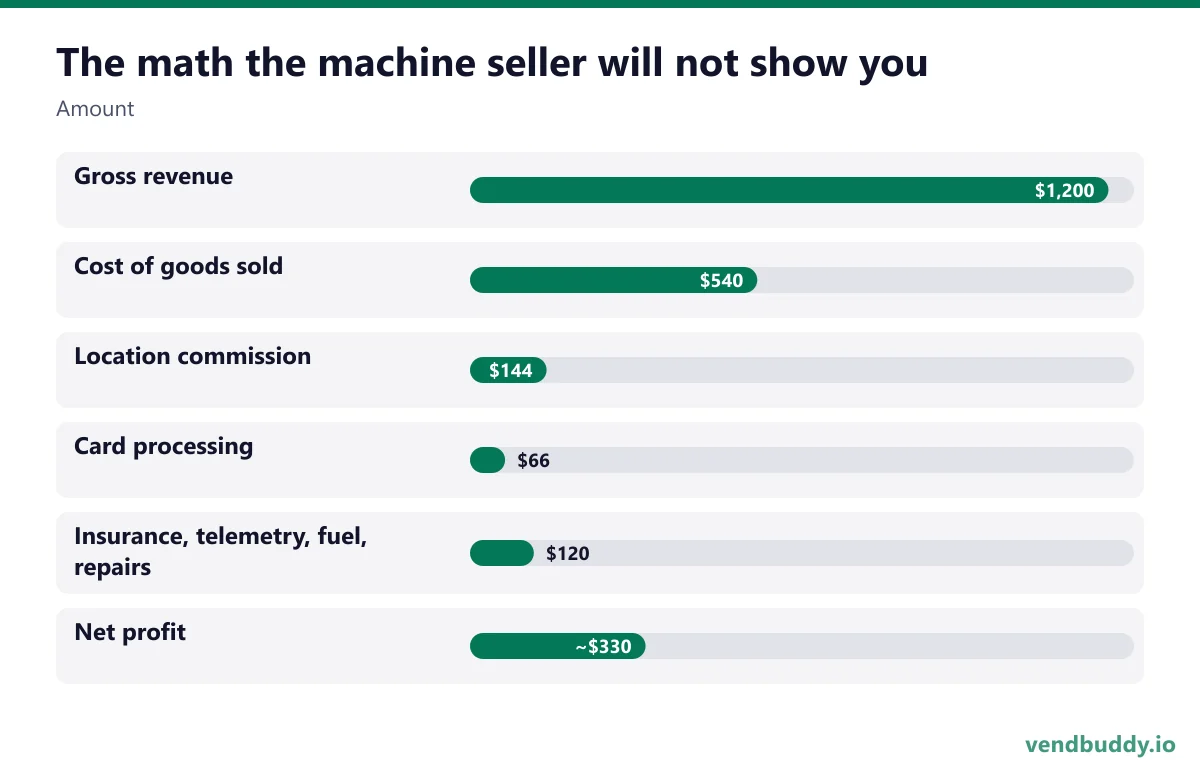 The math the machine seller will not show you (Amount): Gross revenue $1,200, Cost of goods sold $540, Location commission $144, Card processing $66, Insurance, telemetry, fuel, repairs $120, Net profit ~$330