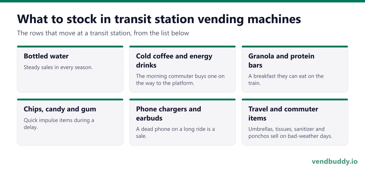 What to stock in transit station vending machines: bottled water, cold coffee and energy drinks, granola and protein bars, chips, candy and gum, phone chargers and earbuds, travel and commuter items