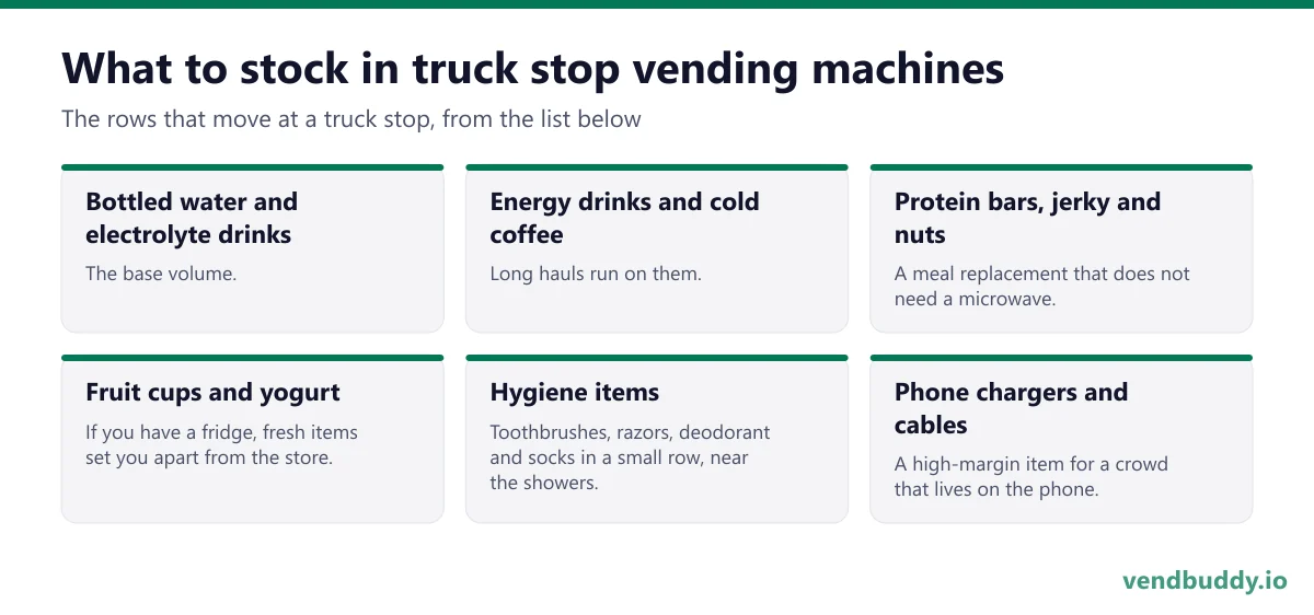 What to stock in truck stop vending machines: bottled water and electrolyte drinks, energy drinks and cold coffee, protein bars, jerky and nuts, fruit cups and yogurt, hygiene items, phone chargers and cables