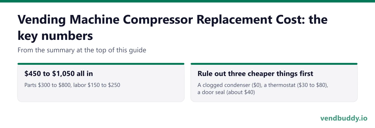 Vending Machine Compressor Replacement Cost, key numbers: $450 to $1,050 all in Parts $300 to $800, labor $150 to $250; Rule out three cheaper things first A clogged condenser ($0), a thermostat ($30 to $80), a door seal (about $40)