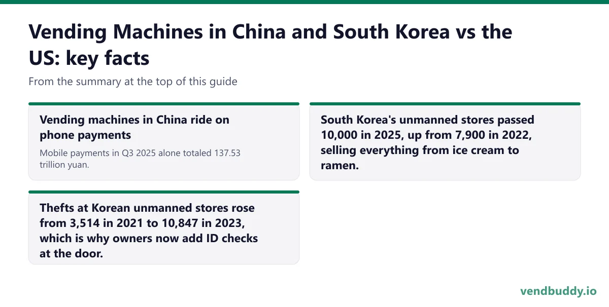 Vending Machines in China and South Korea vs the US, key facts: Vending machines in China ride on phone payments: Mobile payments in Q3 2025 alone totaled 137.53 trillion yuan. South Korea's unmanned stores passed 10,000 in 2025, up from 7,900 in 2022, selling everything from ice cream to ramen.…