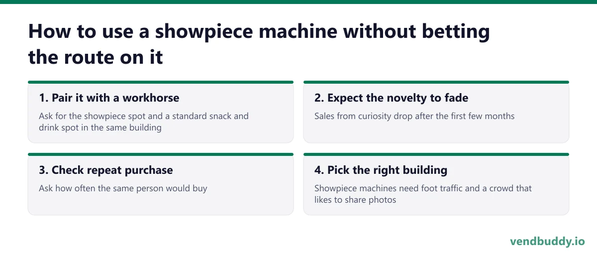 How to use a showpiece machine without betting the route on it, 4 points in order: Pair it with a workhorse; Expect the novelty to fade; Check repeat purchase; Pick the right building