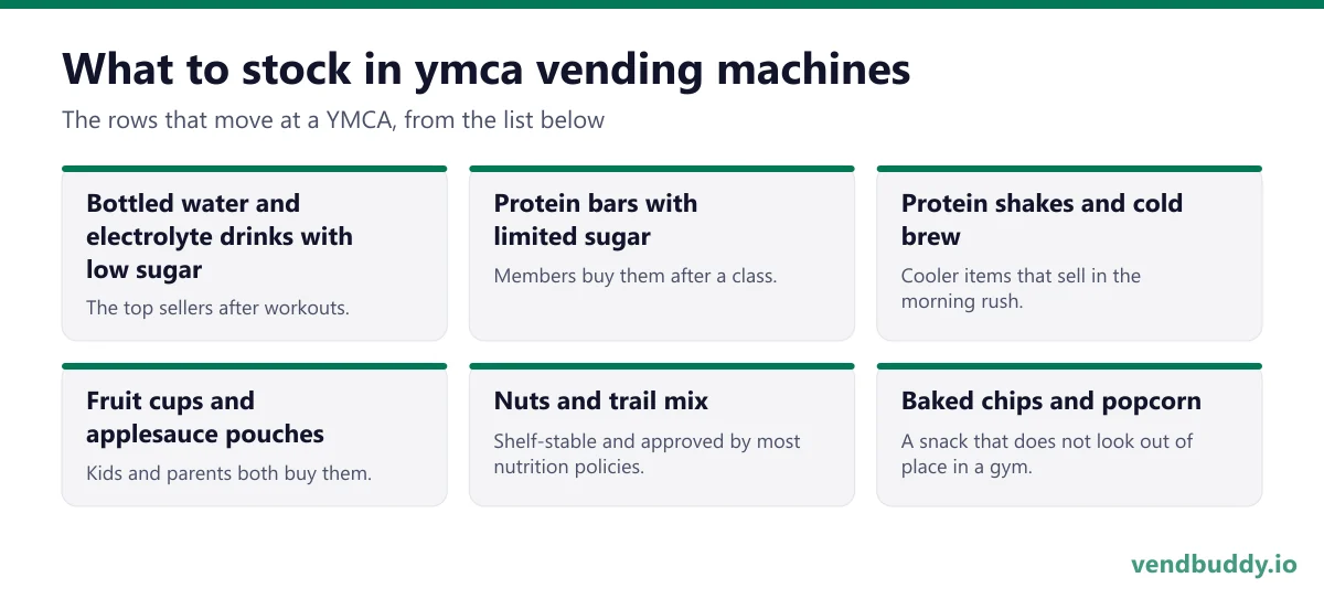 What to stock in ymca vending machines: bottled water and electrolyte drinks with low sugar, protein bars with limited sugar, protein shakes and cold brew, fruit cups and applesauce pouches, nuts and trail mix, baked chips and popcorn