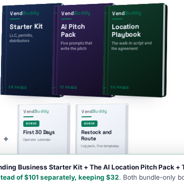 VendBuddy kit page spreads: the 26-page Starter Kit, the 12-page AI Pitch Pack, the 55-page Location Playbook, plus the First 30 Days operator calendar and the Restock and Route log pack