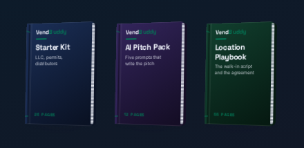 Three VendBuddy operator packs shown as page spreads: Starter Kit (LLC, permits, distributors), AI Pitch Pack (five prompts that write the pitch), and Location Playbook (the walk-in script and the agreement)