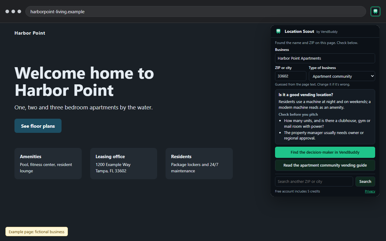 Location Scout popup in dark mode over a sample apartment community website, showing ZIP 33602 and the apartment community type