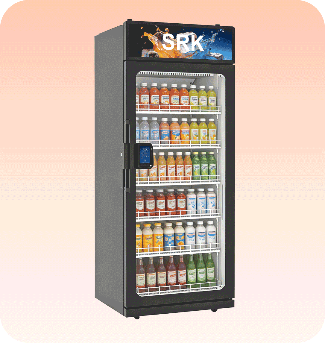 SandStar SRK single-door AI smart cooler, glass front, stocked with bottled drinks