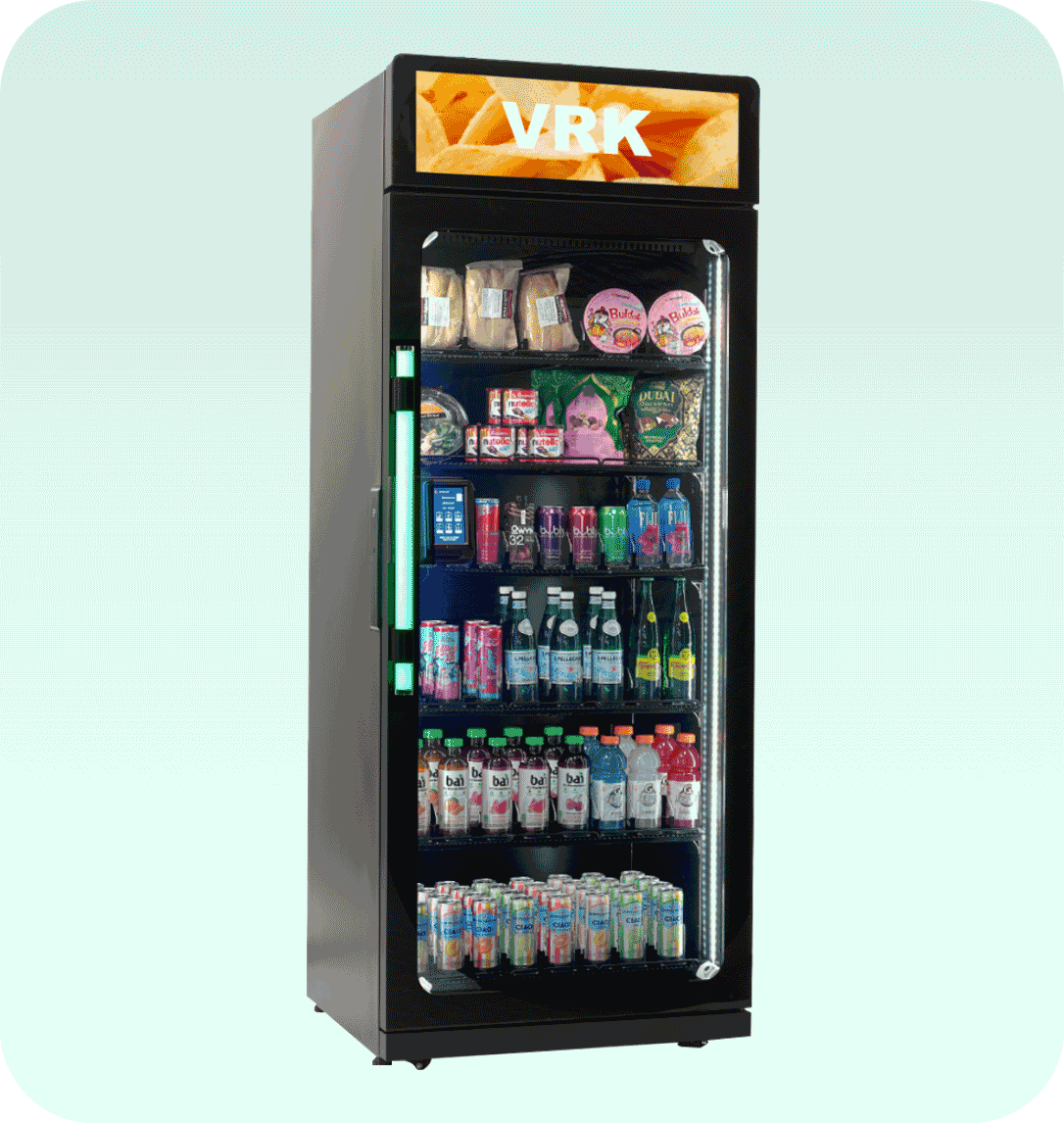 SandStar VRKPRO premium single-door AI smart cooler, gloss-black cabinet with a lit handle and an overhead advertising screen, stocked with snacks and drinks