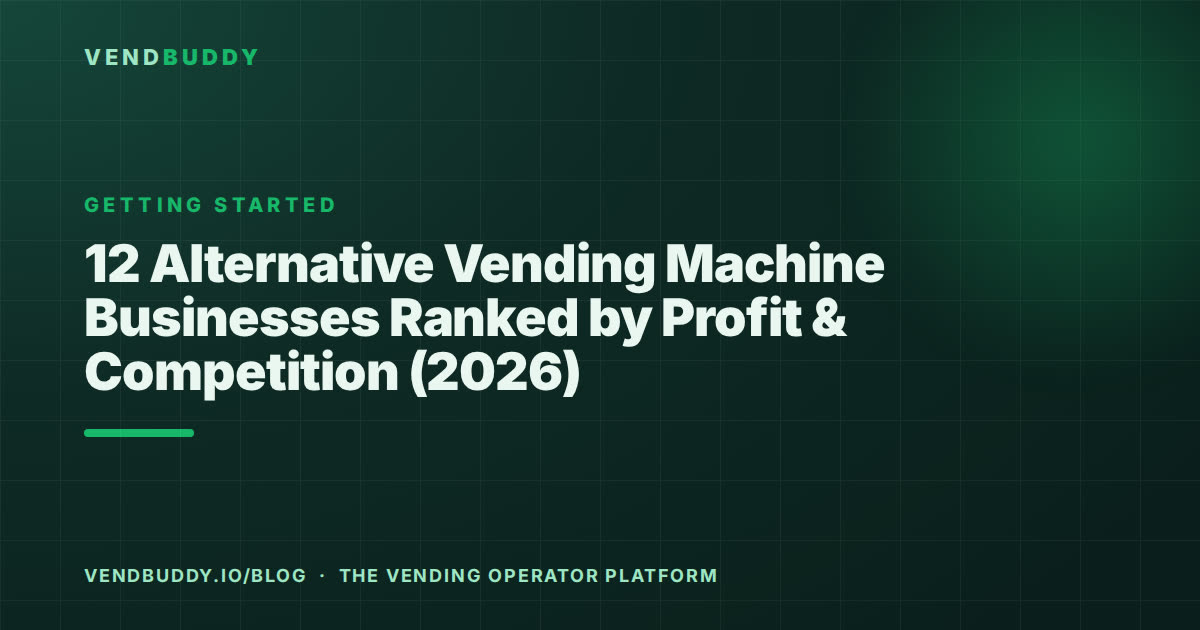 VendBuddy guide card: 12 Alternative Vending Machine Businesses Ranked by Profit and Competition (2026)
