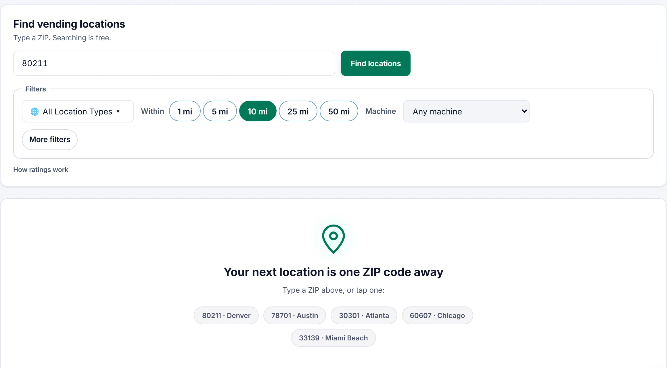 Lead Finder search screen with a ZIP box, distance filters and example ZIP codes to try